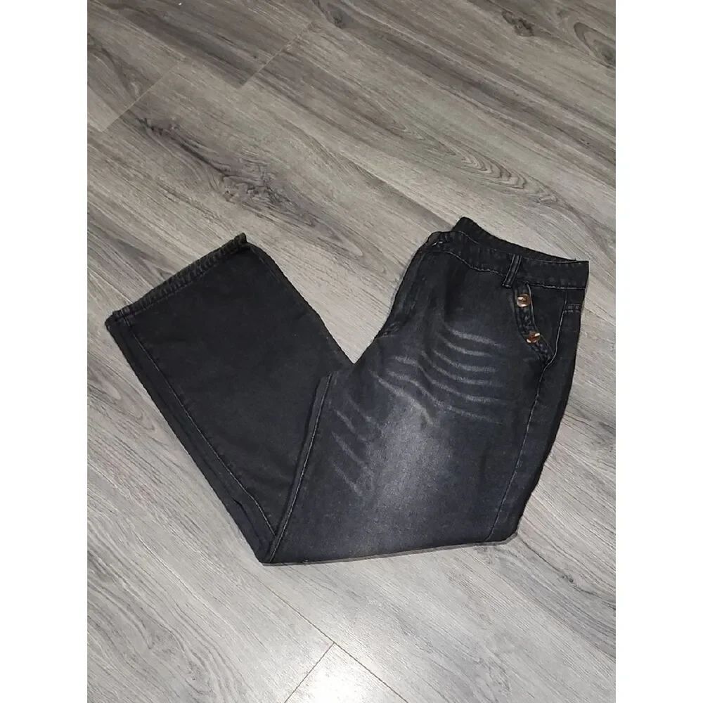 Faded Black Wide Leg Sailor Button Jeans